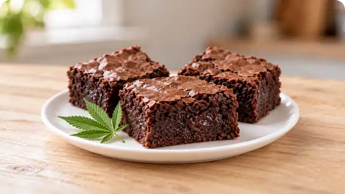 Three chocolate brownies on a white plate on a wooden table